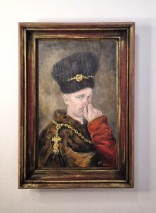 Olej na płótnie - humorystyczny portret szlachcica w bogatym stroju zatykający sobie nos ręką