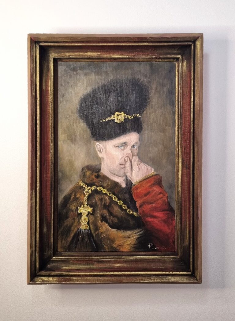 Olej na płótnie - humorystyczny portret szlachcica w bogatym stroju zatykający sobie nos ręką